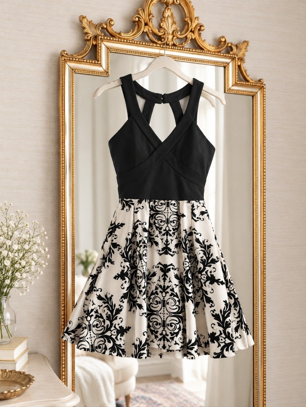 Juniors Black-and-White Patterned Skirt Formal Dress Homecoming Dress Mini